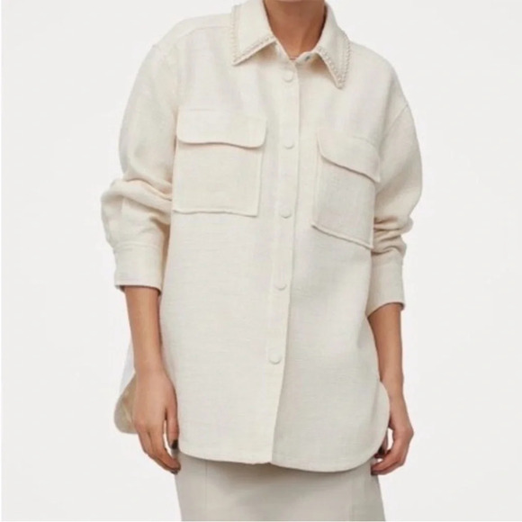 H&M Pearl Detail Shirt Jacket Shacket Size Large - Picture 1 of 5